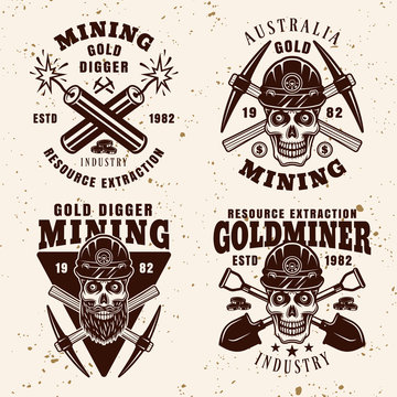 Gold digging industry set of vector emblems