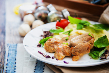 potato puree, pork cuff filet and cepes sauce