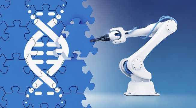 Automated Genetic Engineering. Robotic arm assembling a wall of jigsaw puzzle with a pictogram of DNA molecule pictured on it. 3D rendering graphics on the subject of 'Modern Biotechnology'.