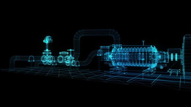 Industrial equipment electric valve. Wire-frame. Digital technology 3d rendering 360 degrees rotation. Seamless animation