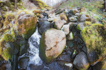 Naklejka na ściany i meble Fast stream flows between big granite stones deep in the wild wood