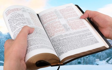 Open Holy bible book on background
