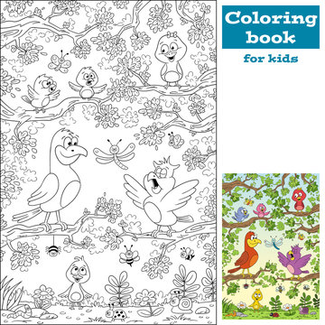 Coloring book with birds. Hand draw vector illustration with separate layers.