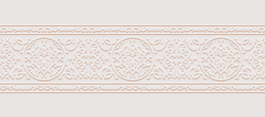 Ornamental monochrome floral patterned stone relief in arabic architectural style of islamic mosque, greeting card for Ramadan Kareem