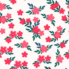 Vector floral pattern in doodle style with flowers and leaves. Gentle colors, spring floral background. Can be used for wallpaper, pattern fills, surface textures, fabric prints