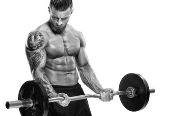 Muscular Men Lifting Weights. Studio shot on white background