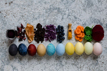 Fototapeta na wymiar Homemade naturally dyed Easter eggs