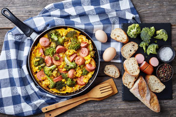 Omelette with broccoli and sausages in a skillet