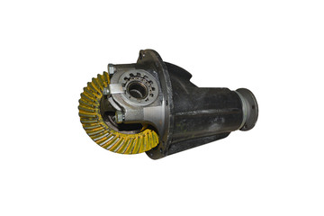 Differential rear axle of the car. Rear-wheel drive truck gearbox on isolated white background