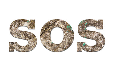 SOS word with old concrete wall on white background
