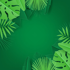 Fototapeta na wymiar Green background with tropical leaves. Vector illustration with tropical leaves in paper cut style on green background.