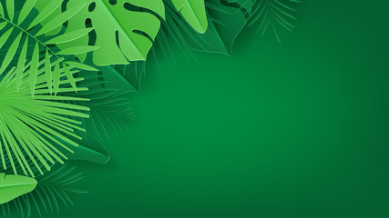 Fototapeta na wymiar Summer tropical banner with green leaves. Vector illustration with tropical leaves in paper cut style on green background.