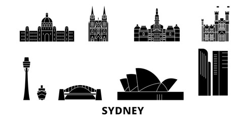 Naklejka premium Australia, Sydney płaski zestaw panoramę podróży. Australia, czarna panorama wektor miasta Sydney, ilustracja, zabytki turystyczne, zabytki, ulice.