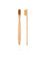 Two bamboo toothbrushes isolated on white background. Natural eco zero waste concept. Design element.