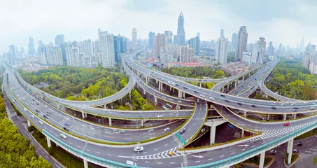 Papier Peint photo Pont de Nanpu Shanghai Yanan Road overpass bridge with heavy traffic in China
