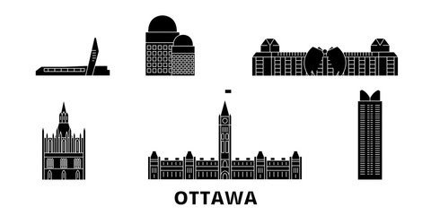 Canada, Ottawa flat travel skyline set. Canada, Ottawa black city vector panorama, illustration, travel sights, landmarks, streets. - obrazy, fototapety, plakaty