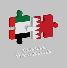 Jigsaw puzzle 3D of UAE flag and Bahrain flag with text: Friendship UAE & Bahrain. Concept of Friendly between both countries.