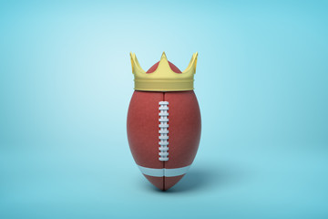 3d rendering of brown ball for American football standing upright and wearing golden crown on light blue background.