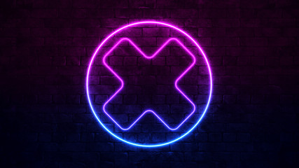 Shining cross Neon Sign. Purple and Blue Neon frame. dark brick wall. 3d illustration