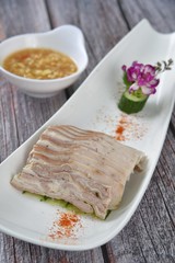grilled salmon steak with vegetables and sauce
