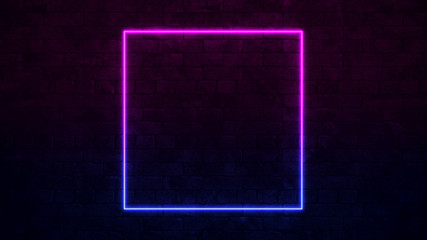 Shining Square Neon Sign. Purple and Blue Neon frame. dark brick wall. 3d illustration
