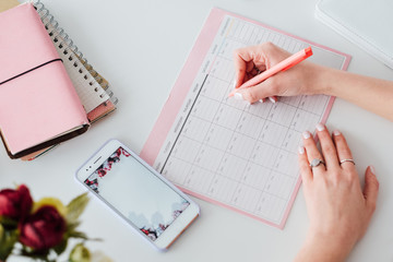 New job. Freelance project. SMM woman scheduling agenda. Ambitious business strategy. Planning web...