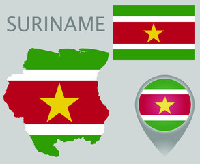 Colorful flag, map pointer and map of the Surname in the colors of the Surinamese flag. High detail. Vector illustration