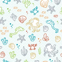 Gordijnen Sea world seamless vector pattern with starfish, moray eel, crabs and seaweed on white background © metel_m