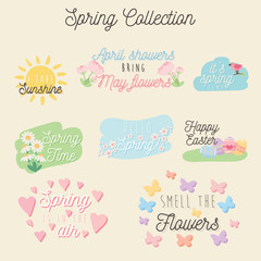 Colorful Hand Drawn Spring Stickers - vector illustration set