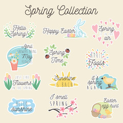 Colorful Hand Drawn Spring Stickers Set - vector illustration