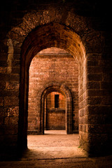 Obraz premium old door of church, building, monuments, old door, basilica of bom jesus, Goa images, Goa church, Ancient building ,bricks door, corridor, bricks