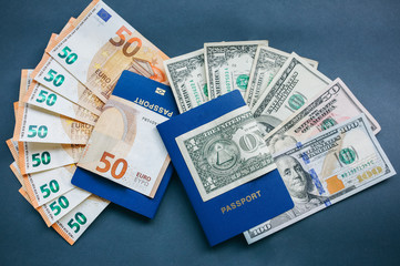 Foreign passport and money. Travel concept photo. Holidays in the USA or Europe and new countries. Dollars and euros banknotes.