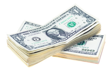 Bundles of banknotes of american dollars isolated on white background.