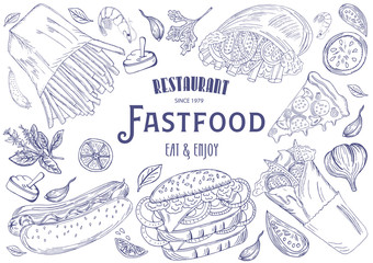 Vector illustration sketch fastfood marketCard. Vintage design template, banner isolated white
