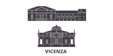 Italy, Vicenza flat travel skyline set. Italy, Vicenza black city vector panorama, illustration, travel sights, landmarks, streets. - obrazy, fototapety, plakaty