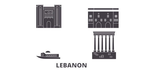 Obraz premium Lebanon flat travel skyline set. Lebanon black city vector panorama, illustration, travel sights, landmarks, streets.