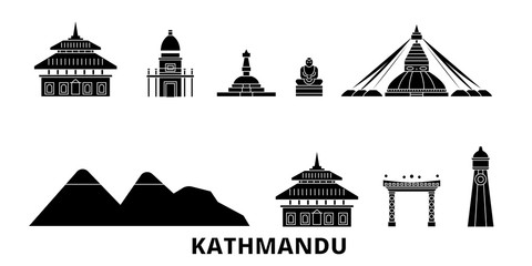 Nepal, Kathmandu flat travel skyline set. Nepal, Kathmandu black city vector panorama, illustration, travel sights, landmarks, streets. - obrazy, fototapety, plakaty