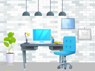 Office furniture design banner. Workplace with table and laptop and coffee. Modern interior . Vector concept cartoon illustration
