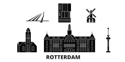 Netherlands, Rotterdam flat travel skyline set. Netherlands, Rotterdam black city vector panorama, illustration, travel sights, landmarks, streets.