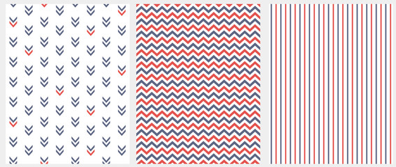 Set of 3 Geometric Seamless Vector Patterns. Red and Blue Chevron on a White Background. Red and Blue Stripes on a White Layout. Abstract Arrows on a White. Simple Marine Style Decoration Set.