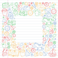 Kindergarten with toys. Pattern for children. Little preschool kids education. Drawing, learning, play