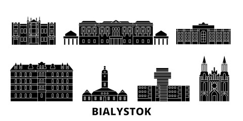 Poland, Bialystok flat travel skyline set. Poland, Bialystok black city vector panorama, illustration, travel sights, landmarks, streets.