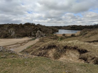 Sand Dunes on Welsh Beach with Lake in Background