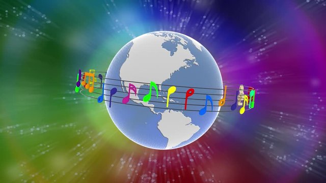 Animazione illustrazione 3D. Pentagramma musicale ruota attorno al mondo. Sullo sfondo l'universo costellato di note musicali..