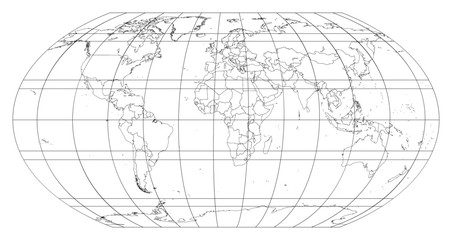 Contour world map in Robinson Projection with meridians and parallels grid. All countries and islands. Vector illustration - obrazy, fototapety, plakaty