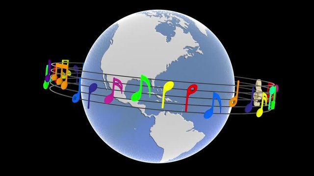 Animazione illustrazione 3D. Pentagramma musicale ruota attorno al mondo. Sullo sfondo l'universo costellato di note musicali..
