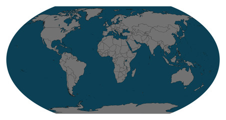 Grey contour world map in Robinson Projection on blue background. All countries and islands. Vector illustration