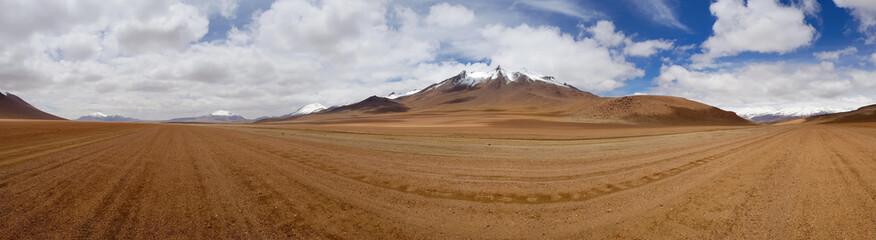 Fototapeta na wymiar Desert landscape of the Andean plateau of Bolivia with the peaks of the snow-capped volcanoes of the Andes