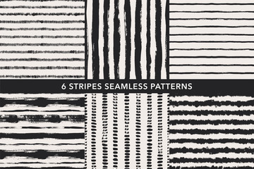 Grunge stripes hand drawn seamless patterns set. Vector ornaments for wrapping paper.