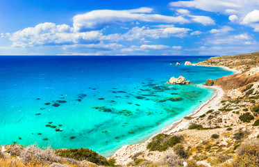 Fototapeta na wymiar Best beaches of Cyprus island - Petra tou Romiou, famous as a birthplace of Aphrodite